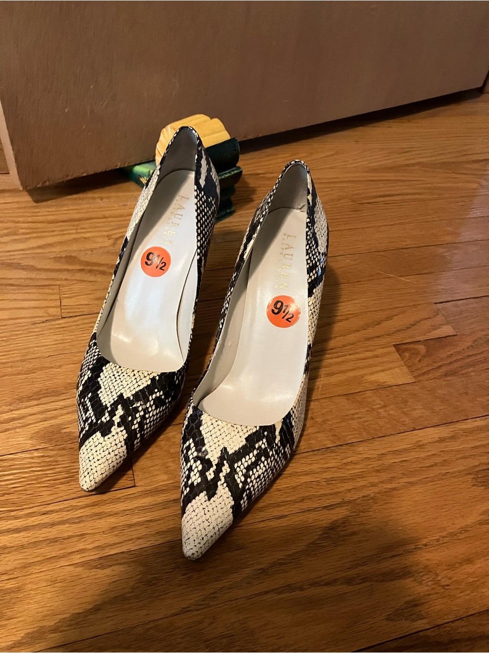 Lauren Ralph Lauren Black and White Snake-Print Pointed Pumps